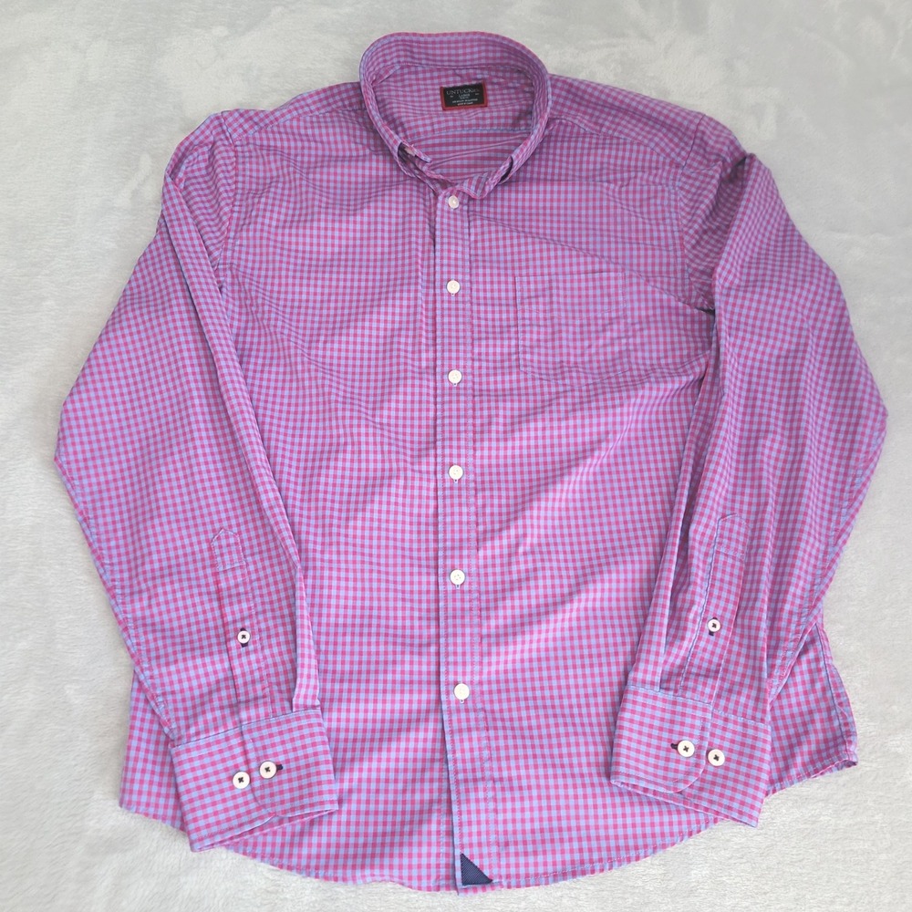 UNTUCKit Shirt Mens L Pink Blue Gingham Slim Fit Performance Albarei Button Down
